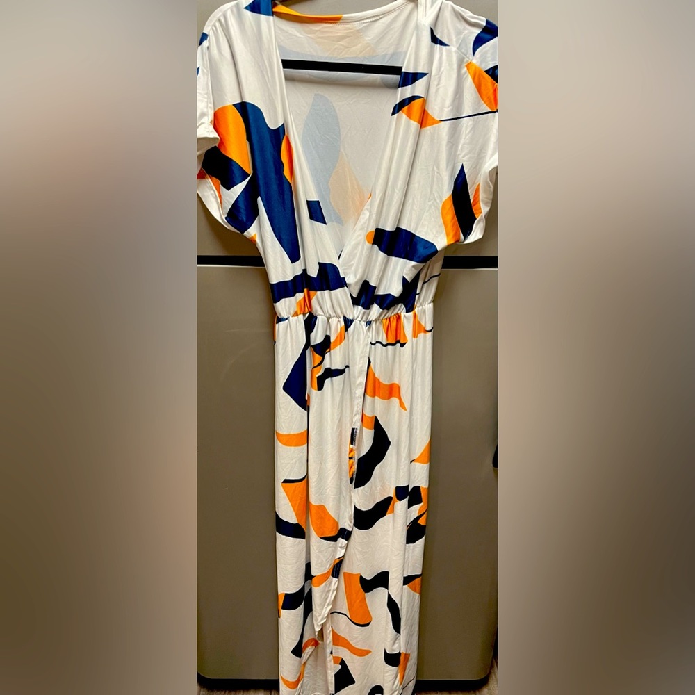 Blue & Gold Geometric Floor Length Dress w/ High Front Slit